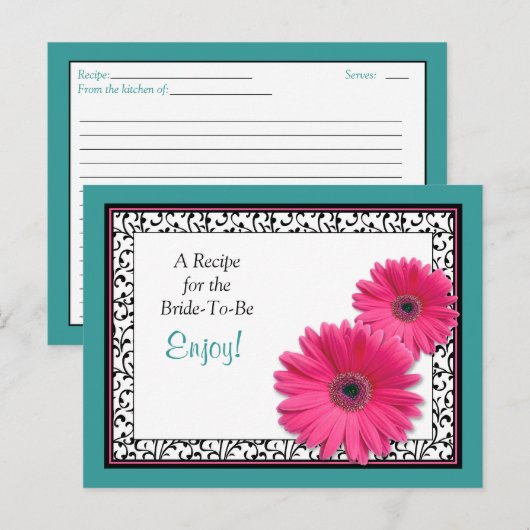 Pink Gerbera Blauwgroen Recept Kaart voor de bruid (Voorkant / Achterkant)