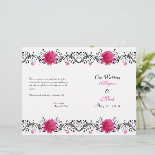 Pink Gerbera Daisy Black Floral Wedding Programme (Staand voorkant)
