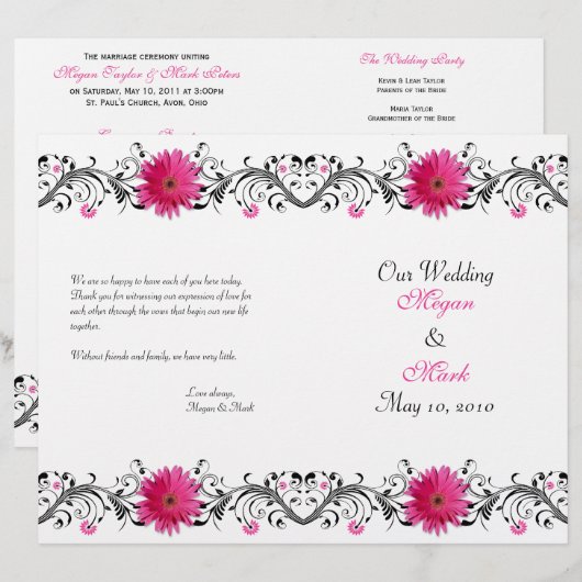 Pink Gerbera Daisy Black Floral Wedding Programme (Voorkant / Achterkant)