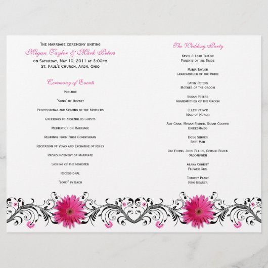 Pink Gerbera Daisy Black Floral Wedding Programme (Achterkant)