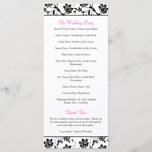 Pink Gerbera Daisy Black Floral Wedding Programme Programmakaart (Achterkant)