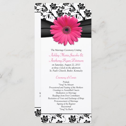 Pink Gerbera Daisy Black Floral Wedding Programme Programmakaart (Voorkant / Achterkant)