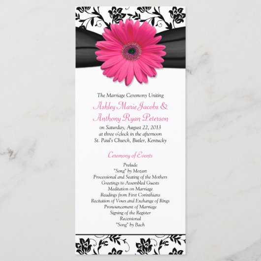 Pink Gerbera Daisy Black Floral Wedding Programme Programmakaart (Voorkant)