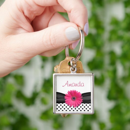 Pink Gerbera Daisy Black Polka Dot Custom Name Sleutelhanger (Hand)