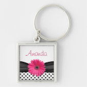 Pink Gerbera Daisy Black Polka Dot Custom Name Sleutelhanger (Voorkant)