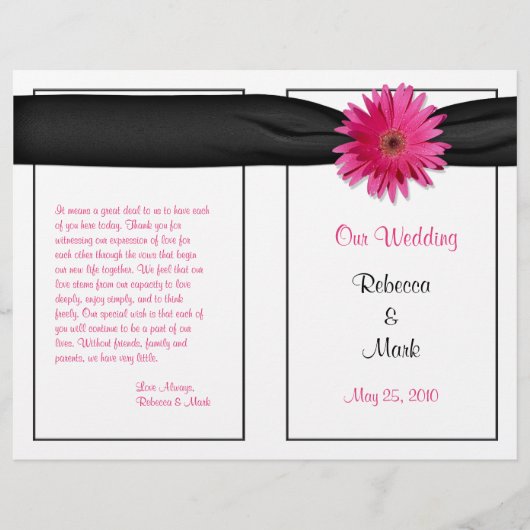 Pink Gerbera Daisy Black Ribbon Wedding Programme (Voorkant)