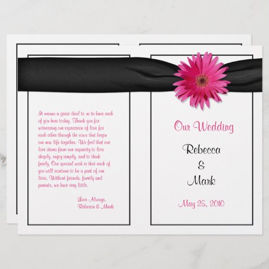 Pink Gerbera Daisy Black Ribbon Wedding Programme (Voorkant / Achterkant)