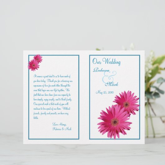 Pink Gerbera Daisy Blue Wedding Programme (Staand voorkant)