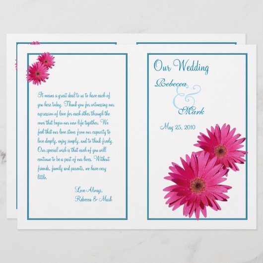 Pink Gerbera Daisy Blue Wedding Programme (Voorkant / Achterkant)