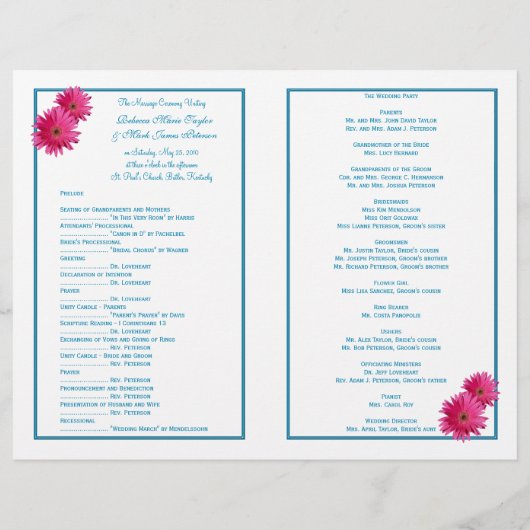 Pink Gerbera Daisy Blue Wedding Programme (Achterkant)