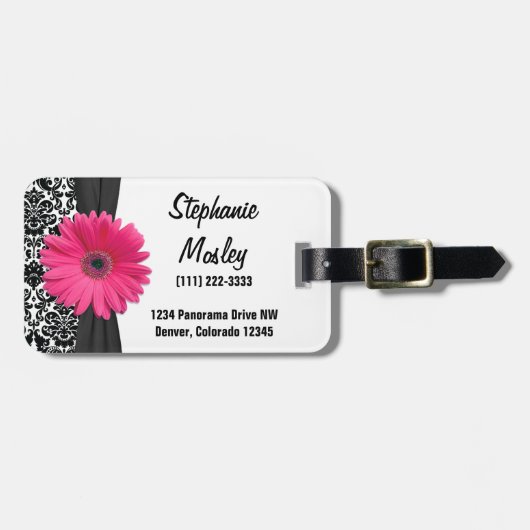 Pink Gerbera Daisy  Damask Floral Bagagelabel (Voorkant horizontaal)