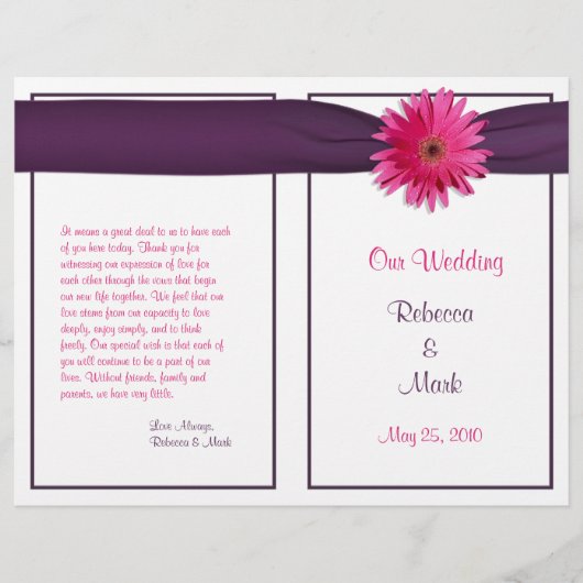 Pink Gerbera Daisy Eggplant Ribbon Wedding Program (Voorkant)