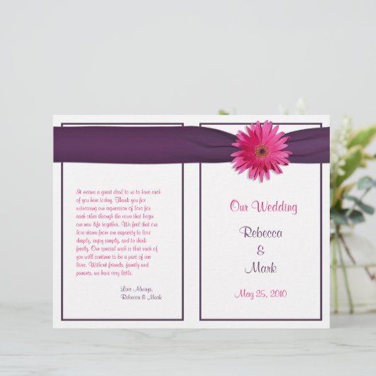Pink Gerbera Daisy Eggplant Ribbon Wedding Program (Staand voorkant)