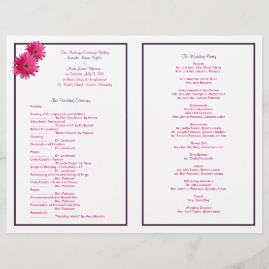 Pink Gerbera Daisy Eggplant Ribbon Wedding Program (Achterkant)