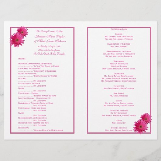 Pink Gerbera Daisy Flower Wedding Programme (Achterkant)