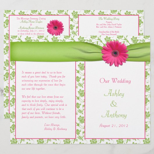 Pink Gerbera Daisy Green Floral Wedding Programme (Voorkant / Achterkant)