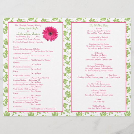 Pink Gerbera Daisy Green Floral Wedding Programme (Achterkant)