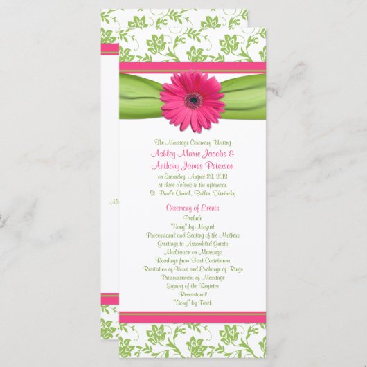 Pink Gerbera Daisy Green Floral Wedding Programme Programmakaart (Voorkant / Achterkant)