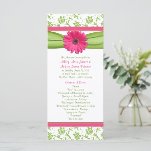 Pink Gerbera Daisy Green Floral Wedding Programme Programmakaart (Staand voorkant)