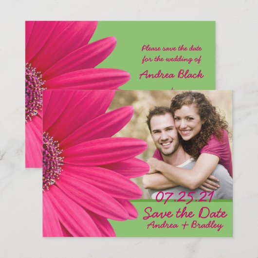 Pink Gerbera Daisy Green Photo Wedding Save The Date (Voorkant / Achterkant)
