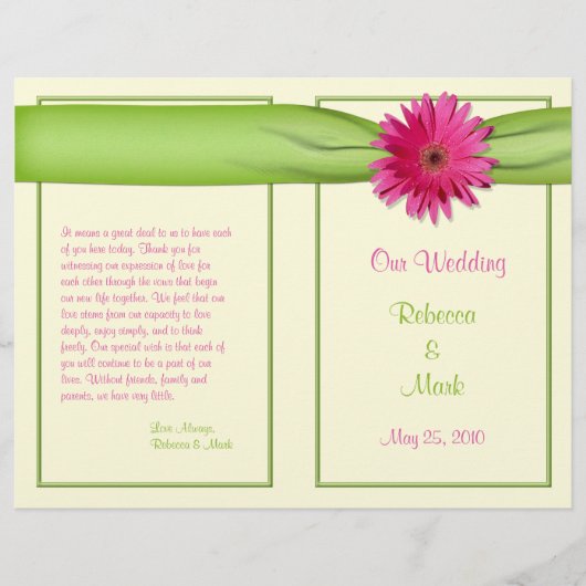 Pink Gerbera Daisy Green Ribbon Wedding Programme (Voorkant)