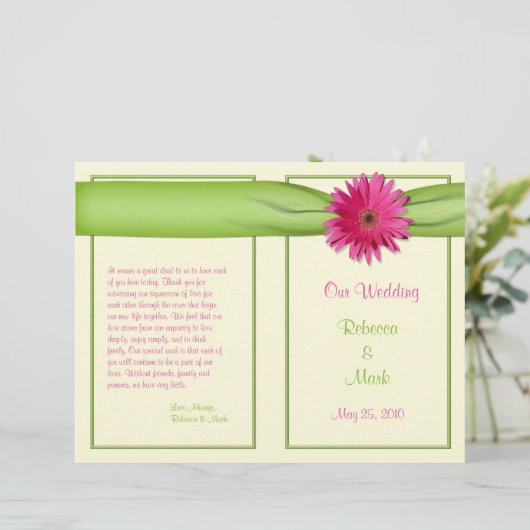 Pink Gerbera Daisy Green Ribbon Wedding Programme (Staand voorkant)