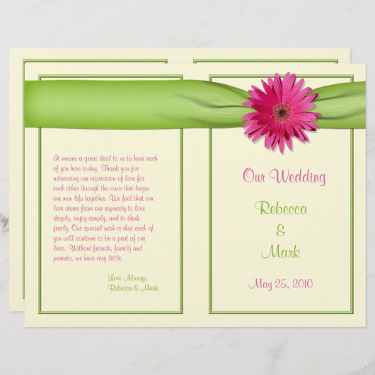 Pink Gerbera Daisy Green Ribbon Wedding Programme (Voorkant / Achterkant)