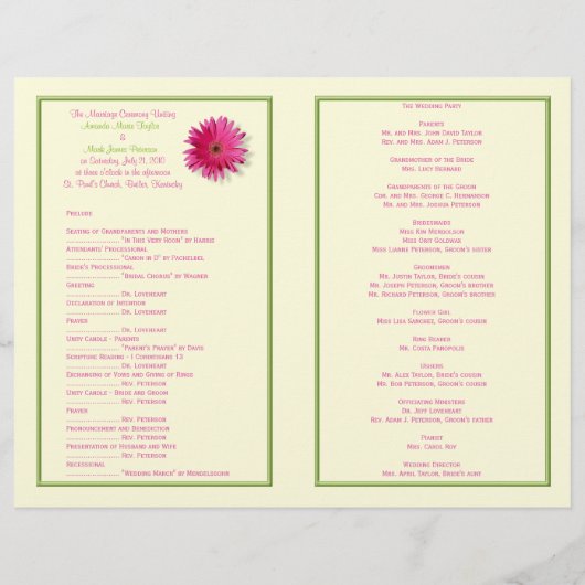 Pink Gerbera Daisy Green Ribbon Wedding Programme (Achterkant)