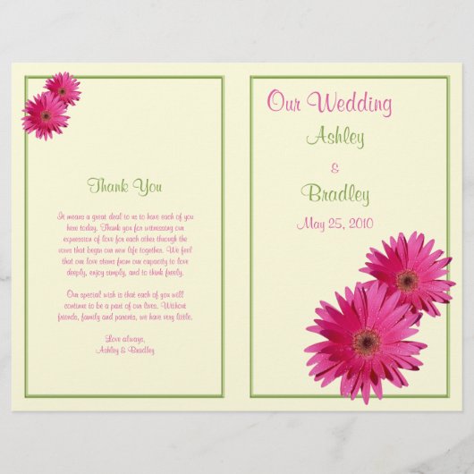 Pink Gerbera Daisy Green Wedding Programme (Voorkant)