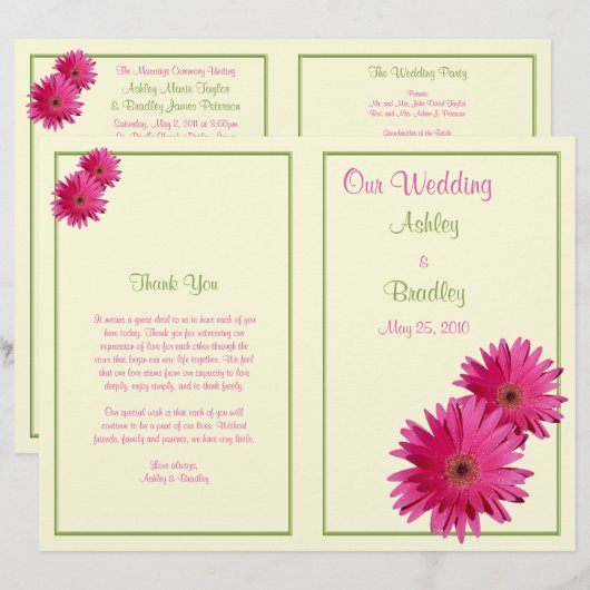 Pink Gerbera Daisy Green Wedding Programme (Voorkant / Achterkant)