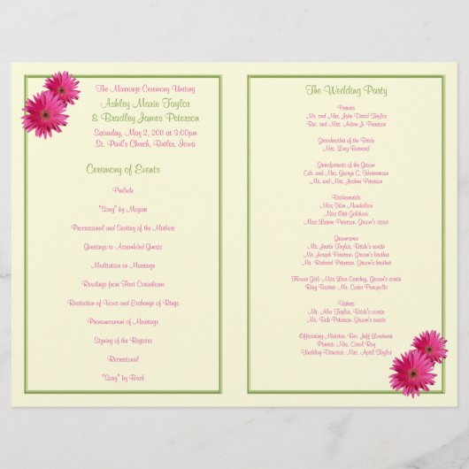 Pink Gerbera Daisy Green Wedding Programme (Achterkant)