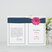Pink Gerbera Daisy Navy Ribbon Wedding Programme (Staand voorkant)
