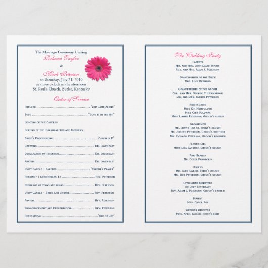 Pink Gerbera Daisy Navy Ribbon Wedding Programme (Achterkant)