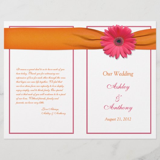 Pink Gerbera Daisy Oranje Ribbon Wedding Programme (Voorkant)