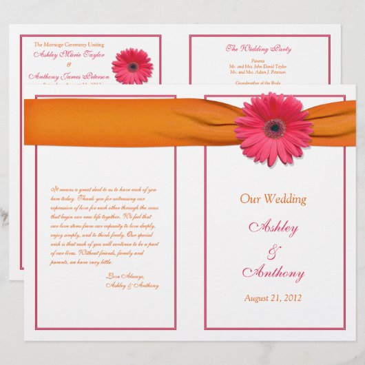 Pink Gerbera Daisy Oranje Ribbon Wedding Programme (Voorkant / Achterkant)