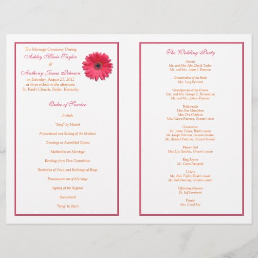 Pink Gerbera Daisy Oranje Ribbon Wedding Programme (Achterkant)