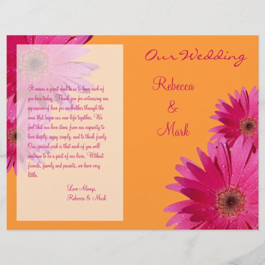Pink Gerbera Daisy Oranje Wedding Programme (Voorkant)