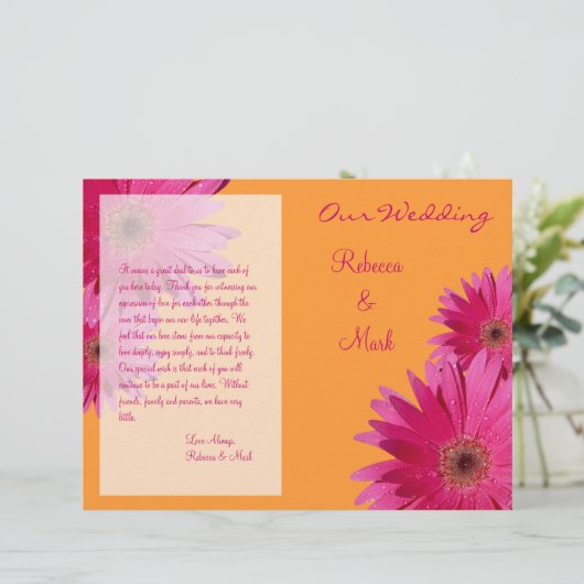 Pink Gerbera Daisy Oranje Wedding Programme (Staand voorkant)