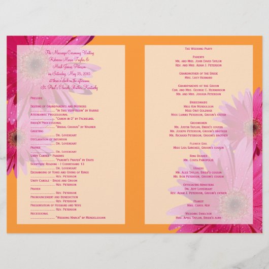 Pink Gerbera Daisy Oranje Wedding Programme (Achterkant)