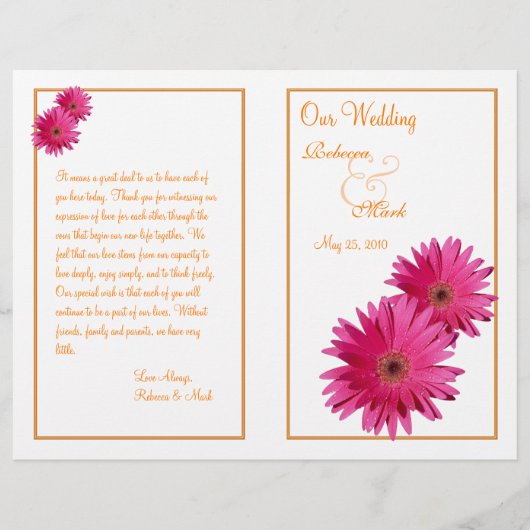 Pink Gerbera Daisy Oranje Wedding Programme (Voorkant)