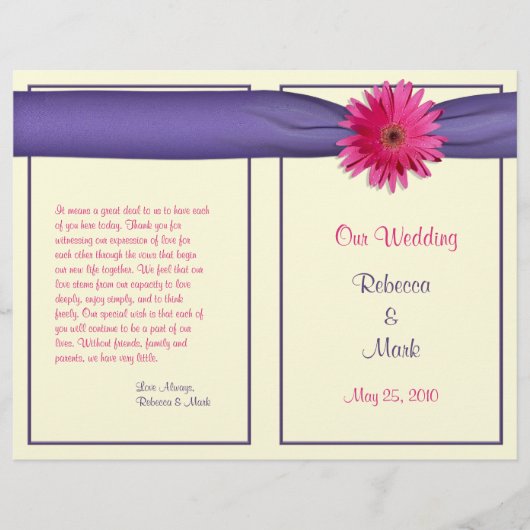 Pink Gerbera Daisy Paars Ribbon Wedding Programme (Voorkant)
