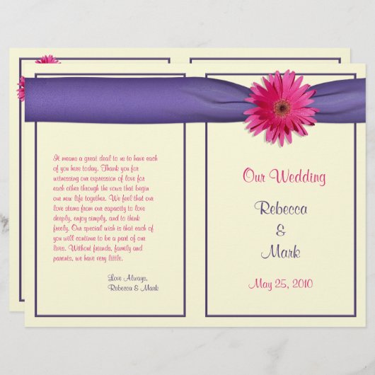 Pink Gerbera Daisy Paars Ribbon Wedding Programme (Voorkant / Achterkant)