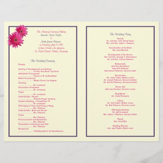 Pink Gerbera Daisy Paars Ribbon Wedding Programme (Achterkant)