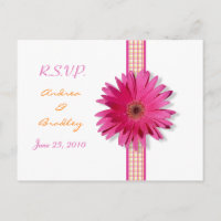 Pink Gerbera Daisy Plaid Ribbon RSVP Briefkaart