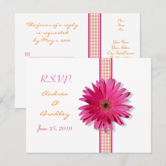 Pink Gerbera Daisy Plaid Ribbon RSVP Briefkaart (Voorkant / Achterkant)