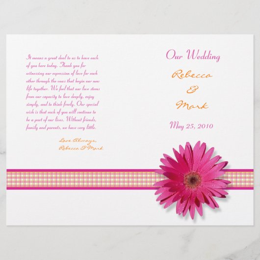 Pink Gerbera Daisy Pset Ribbon Wedding Programme (Voorkant)