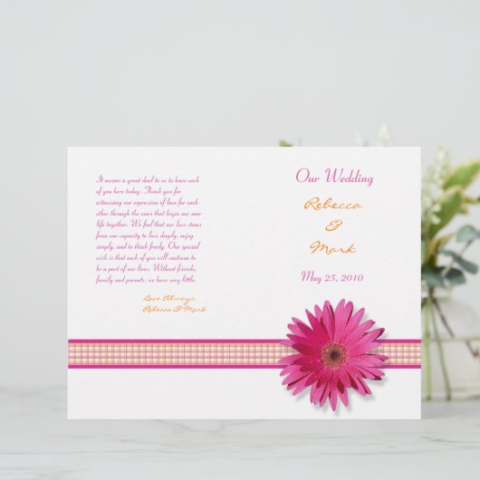 Pink Gerbera Daisy Pset Ribbon Wedding Programme (Staand voorkant)
