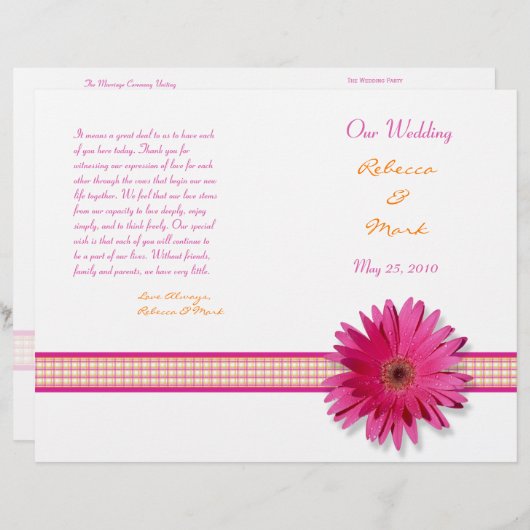 Pink Gerbera Daisy Pset Ribbon Wedding Programme (Voorkant / Achterkant)