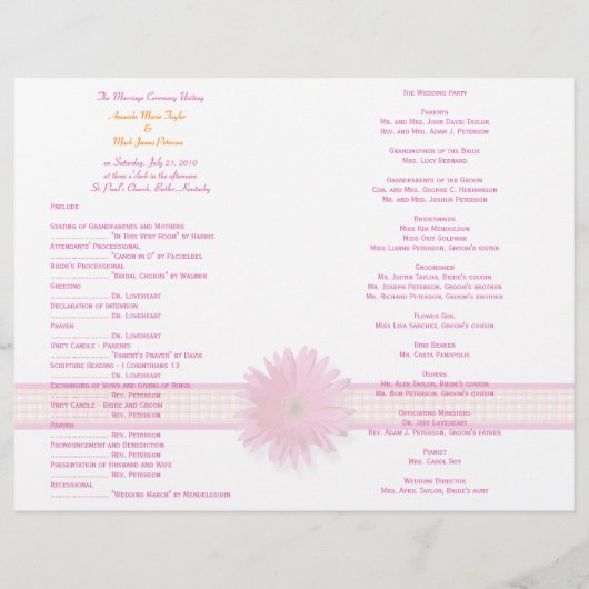 Pink Gerbera Daisy Pset Ribbon Wedding Programme (Achterkant)