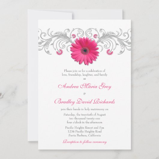 Pink Gerbera Daisy Silver Floral Wedding Kaart (Voorkant)